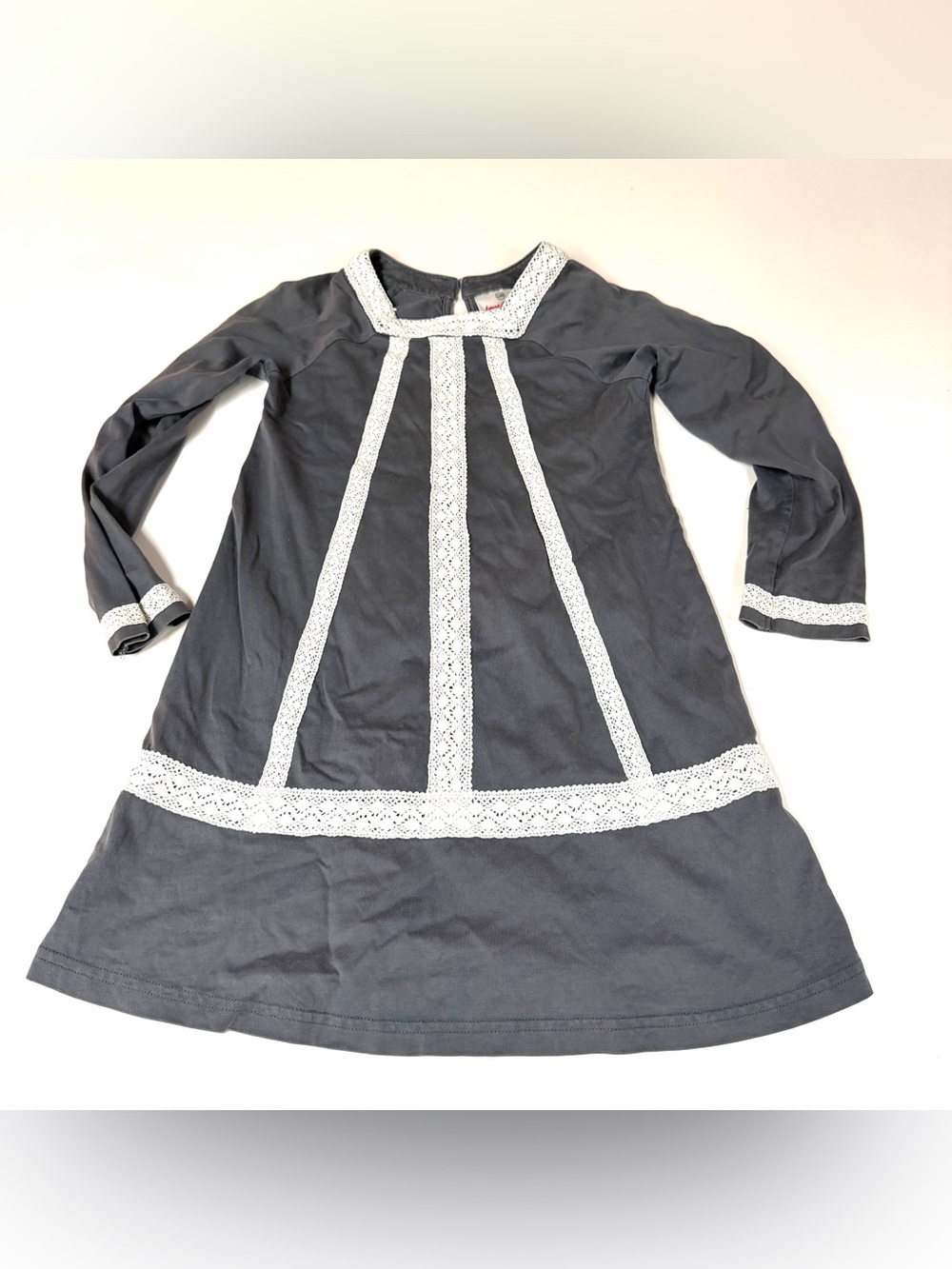 Hanna Andersson Little Girls Size 120 6-7 Dress Gray White Lace Long Sleeve 0609
